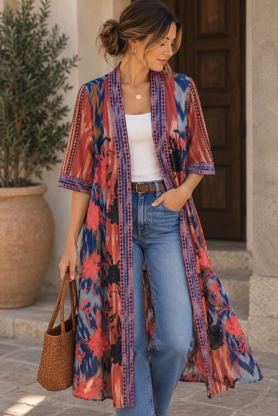 Soft Surroundings Rustic Ikat Embroidered Duster Petite Small Boho Cotton NWT